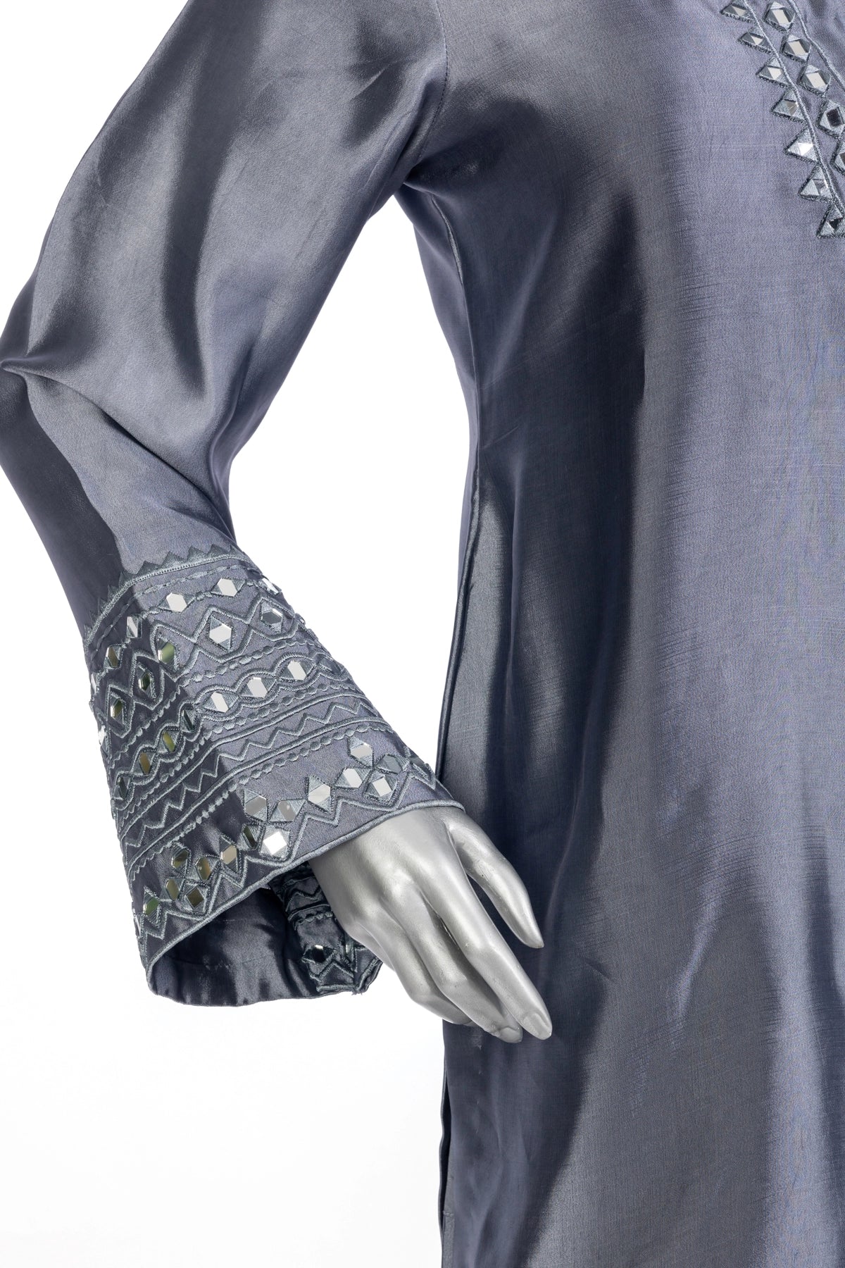 Myra grey sheesha silk festive shalwar kameez with chiffon dupatta and sheesha patti by MariamRaj