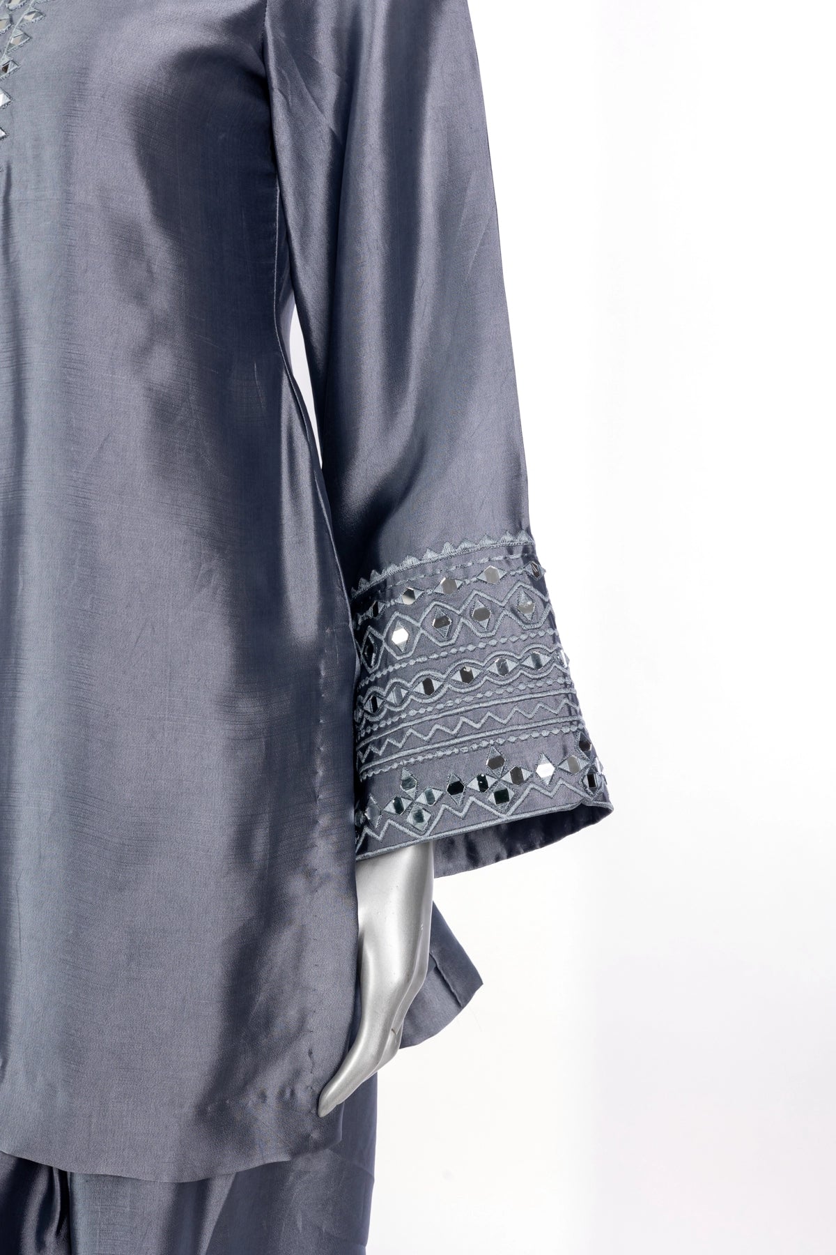 Myra grey sheesha silk festive shalwar kameez with chiffon dupatta and sheesha patti by MariamRaj