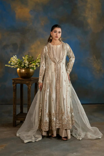 Naaz gold Lama silk embellished jacket formal suit with Jama silk inner frock and organza dupatta by MariamRaj
