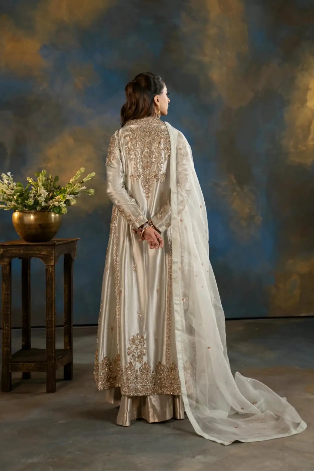 Naaz gold Lama silk embellished jacket formal suit with Jama silk inner frock and organza dupatta by MariamRaj