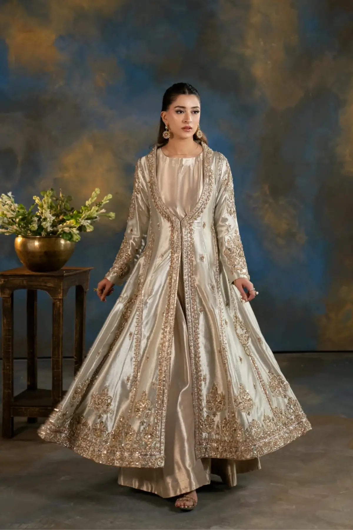 Naaz gold Lama silk embellished jacket formal suit with Jama silk inner frock and organza dupatta by MariamRaj