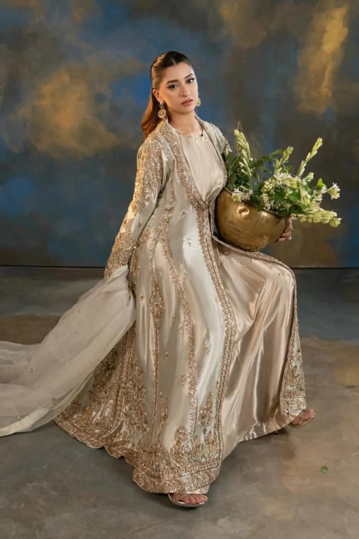 Naaz gold Lama silk embellished jacket formal suit with Jama silk inner frock and organza dupatta by MariamRaj