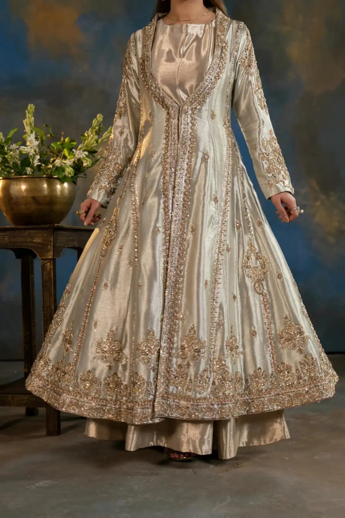 Naaz gold Lama silk embellished jacket formal suit with Jama silk inner frock and organza dupatta by MariamRaj