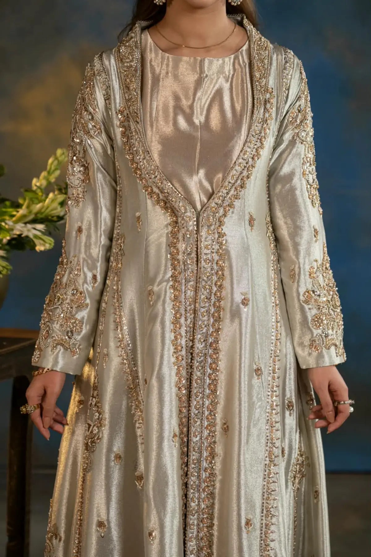 Naaz gold Lama silk embellished jacket formal suit with Jama silk inner frock and organza dupatta by MariamRaj