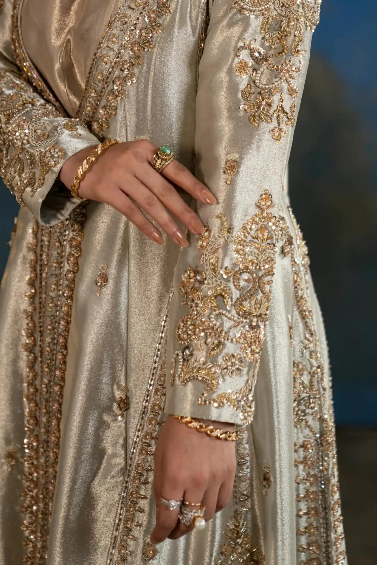 Naaz gold Lama silk embellished jacket formal suit with Jama silk inner frock and organza dupatta by MariamRaj