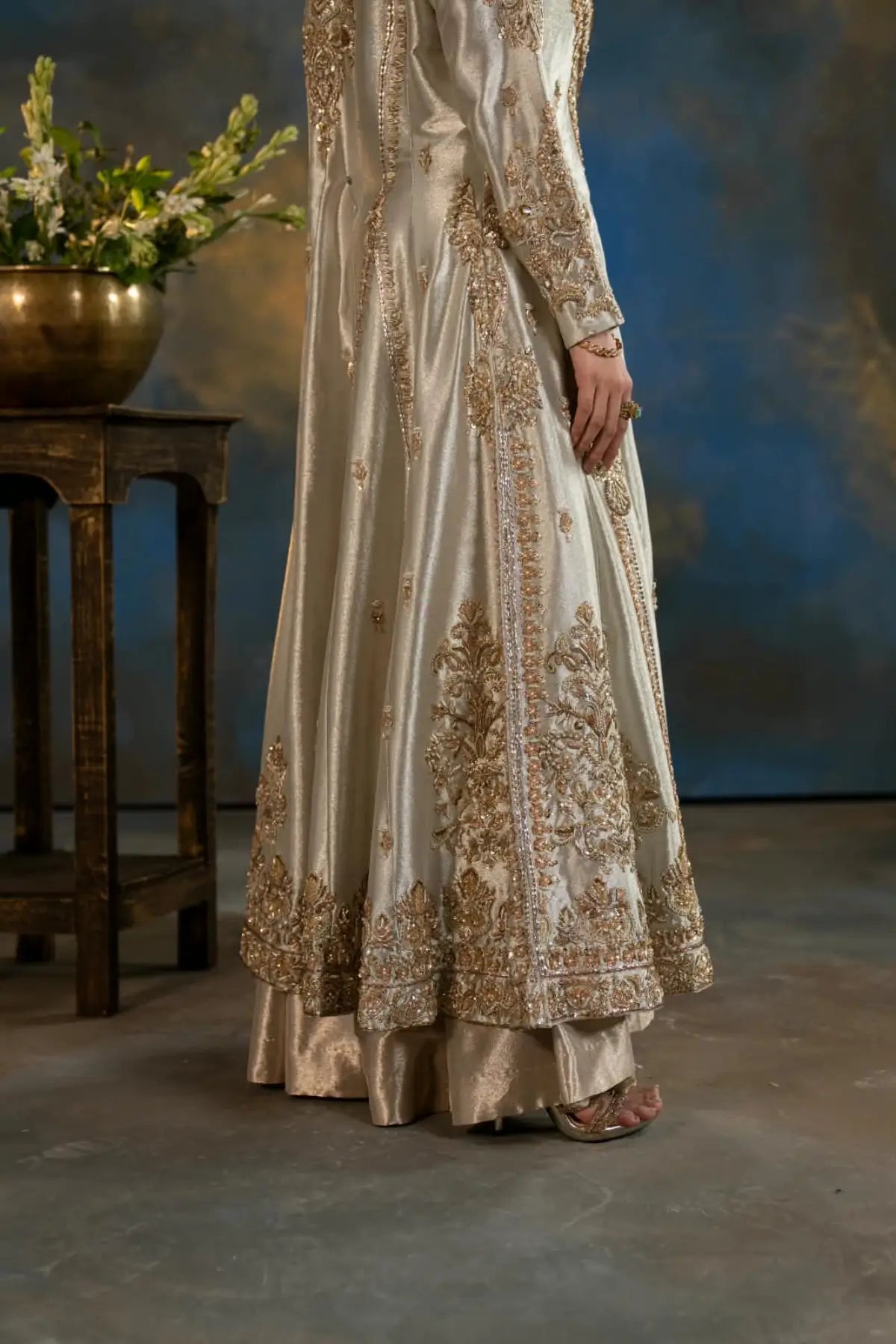 Naaz gold Lama silk embellished jacket formal suit with Jama silk inner frock and organza dupatta by MariamRaj
