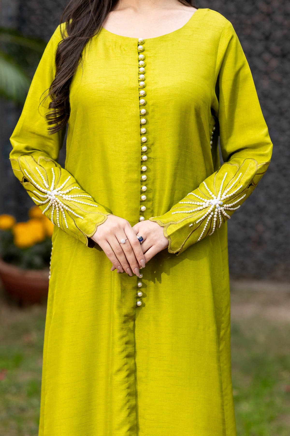 Nargis lime green Korean raw silk 3PC Eid Edit 2026 with pearl work by MariamRaj