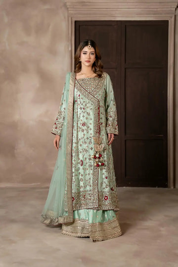 Narmeen mint green handworked Tassel silk Angrakha wedding dress with Jamawar palazzo and organza dupatta by MariamRaj