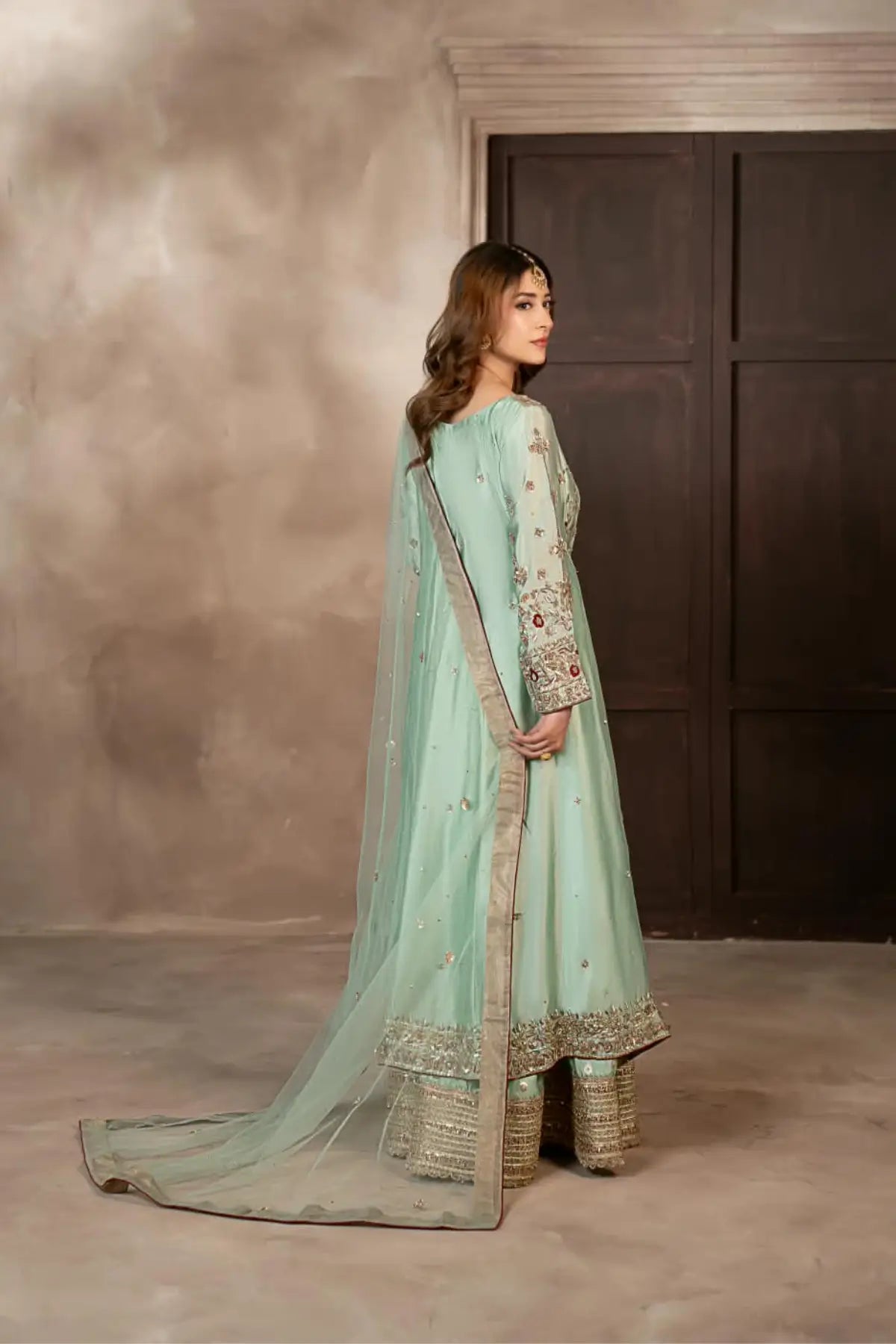 Narmeen mint green handworked Tassel silk Angrakha wedding dress with Jamawar palazzo and organza dupatta by MariamRaj