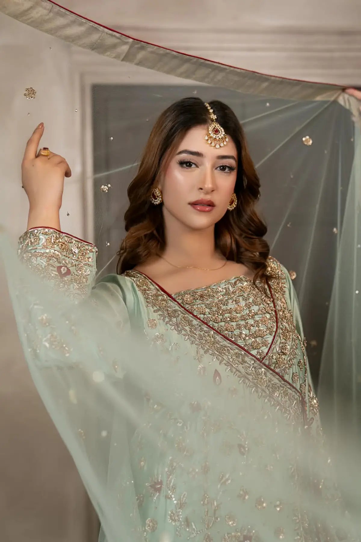 Narmeen mint green handworked Tassel silk Angrakha wedding dress with Jamawar palazzo and organza dupatta by MariamRaj