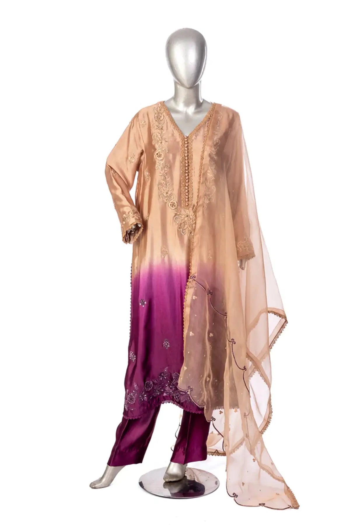 Nawal – Gold & Plum Pure Sheesha Silk 3PC Festive Suit to Shop Online
