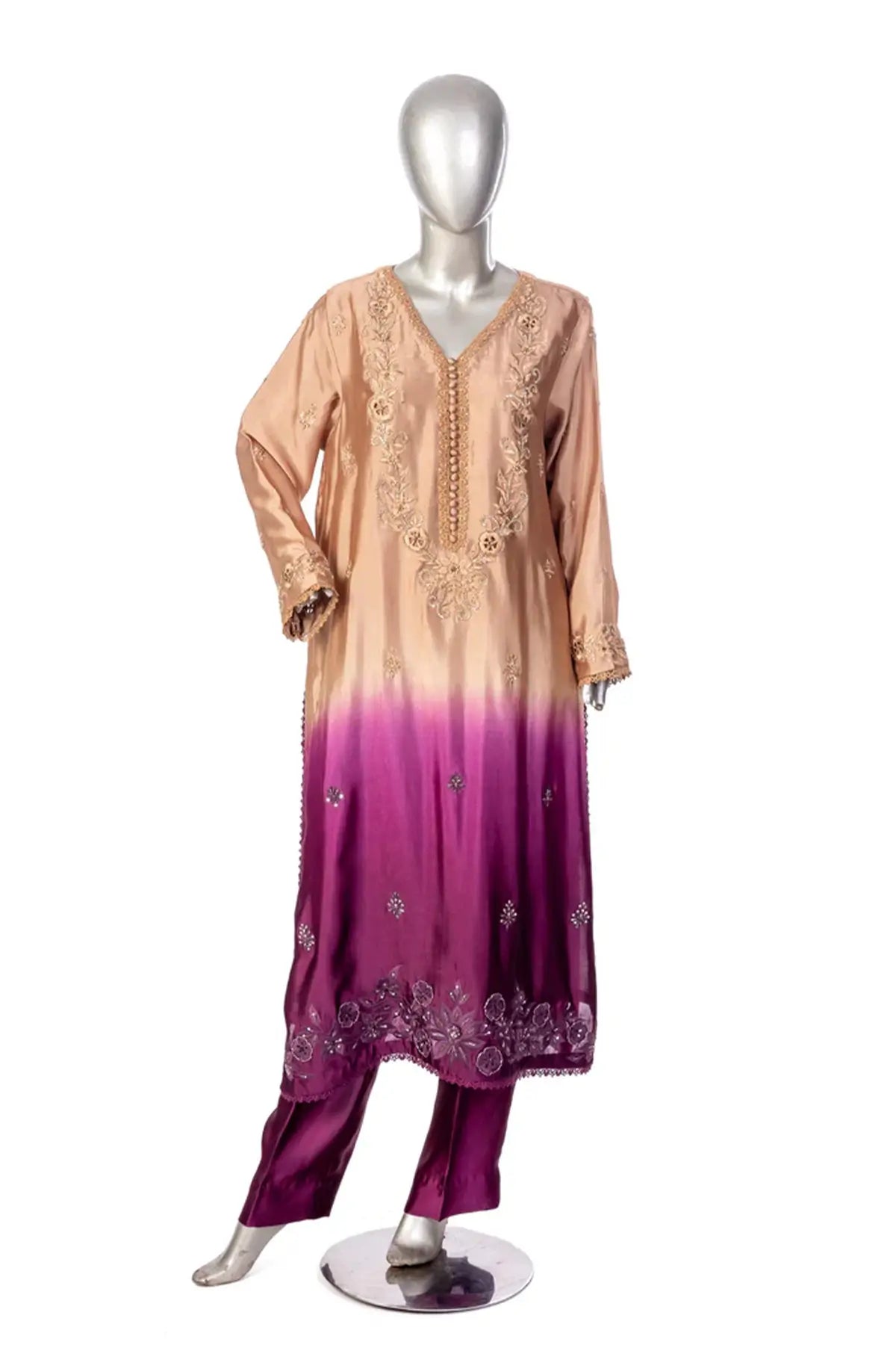 Nawal – Gold & Plum Pure Sheesha Silk 3PC Festive Suit to Shop Online
