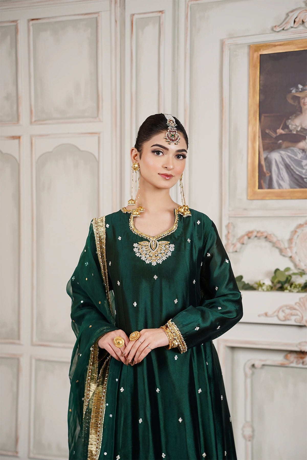Nayab emerald green sheesha silk formal Anarkali with palazzo and organza dupatta by MariamRaj
