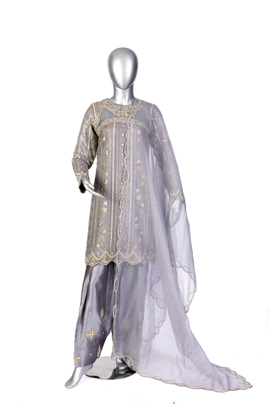 Nayla Designer Grey Gold Party Dress with Chiffon Shirt, Sheesha Silk Shalwar, and Organza Dupatta for Wedding and Dinner Events - MariamRaj