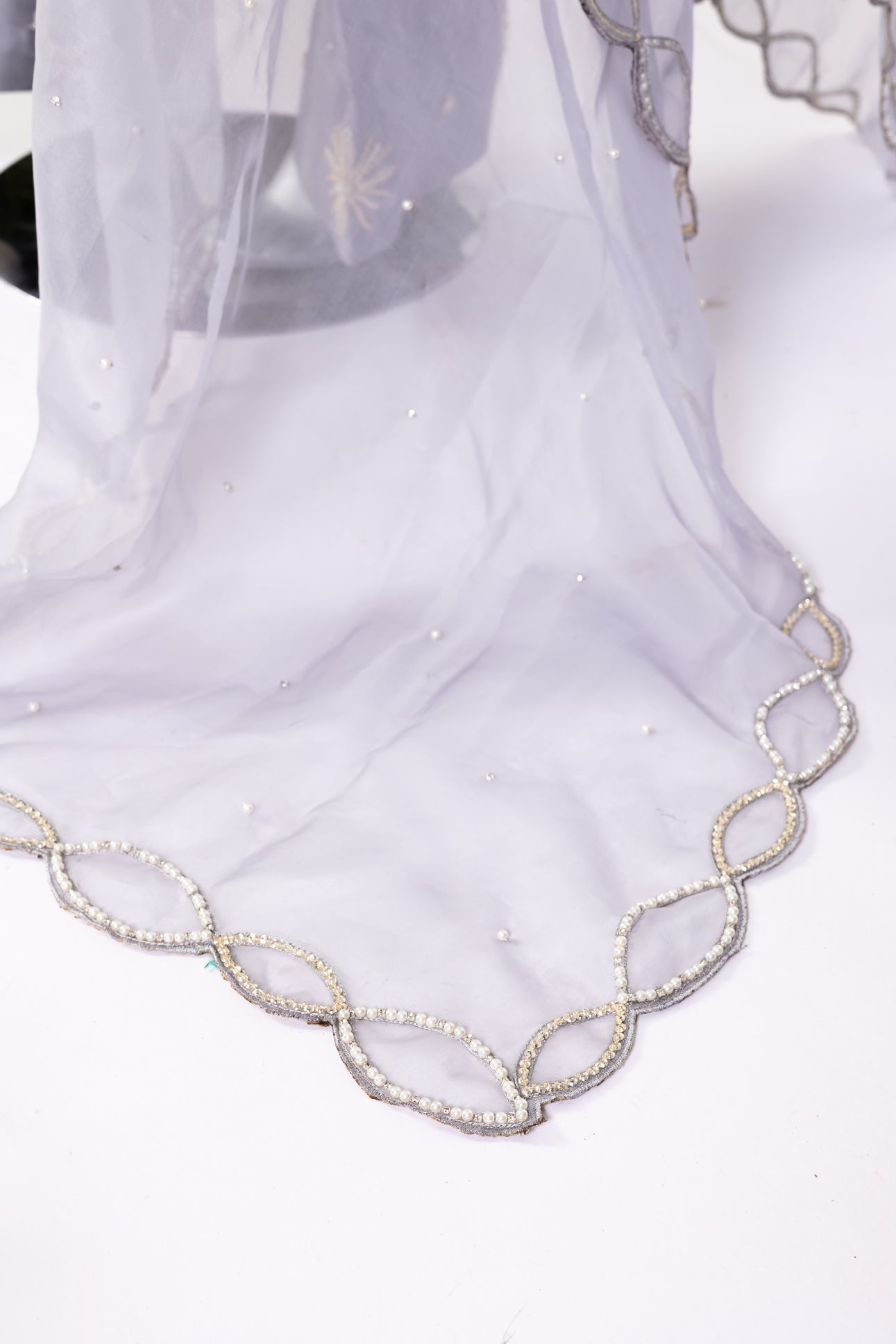 Nayla Designer Grey Gold Party Dress with Chiffon Shirt, Sheesha Silk Shalwar, and Organza Dupatta for Wedding and Dinner Events - MariamRaj