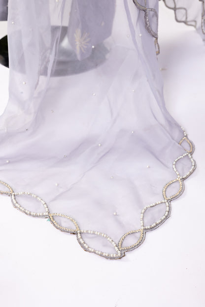 Nayla Designer Grey Gold Party Dress with Chiffon Shirt, Sheesha Silk Shalwar, and Organza Dupatta for Wedding and Dinner Events - MariamRaj