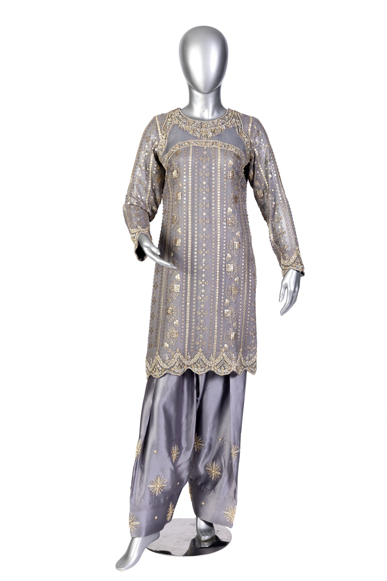 Nayla Designer Grey Gold Party Dress with Chiffon Shirt, Sheesha Silk Shalwar, and Organza Dupatta for Wedding and Dinner Events - MariamRaj