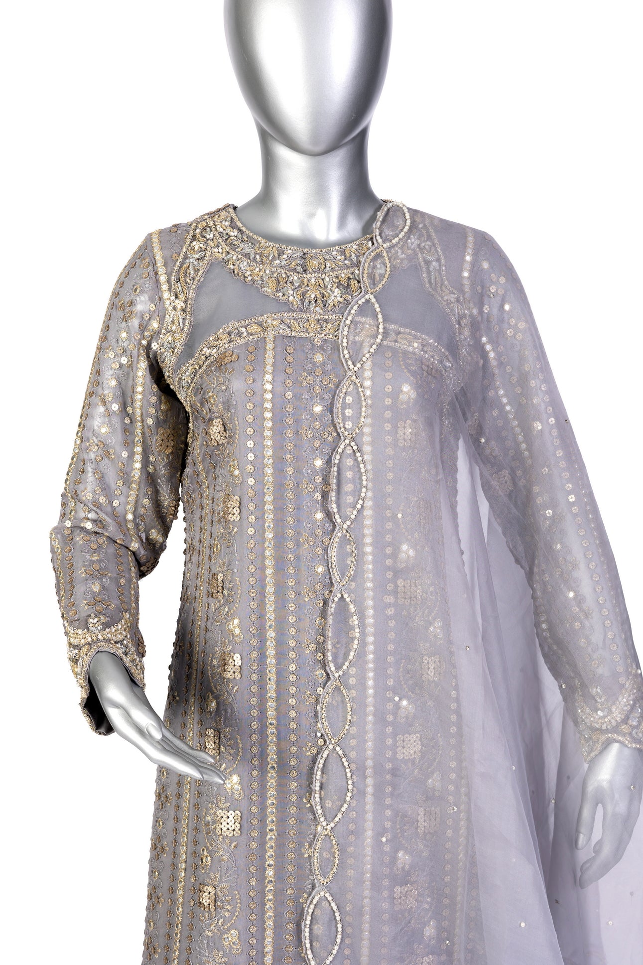 Nayla Designer Grey Gold Party Dress with Chiffon Shirt, Sheesha Silk Shalwar, and Organza Dupatta for Wedding and Dinner Events - MariamRaj
