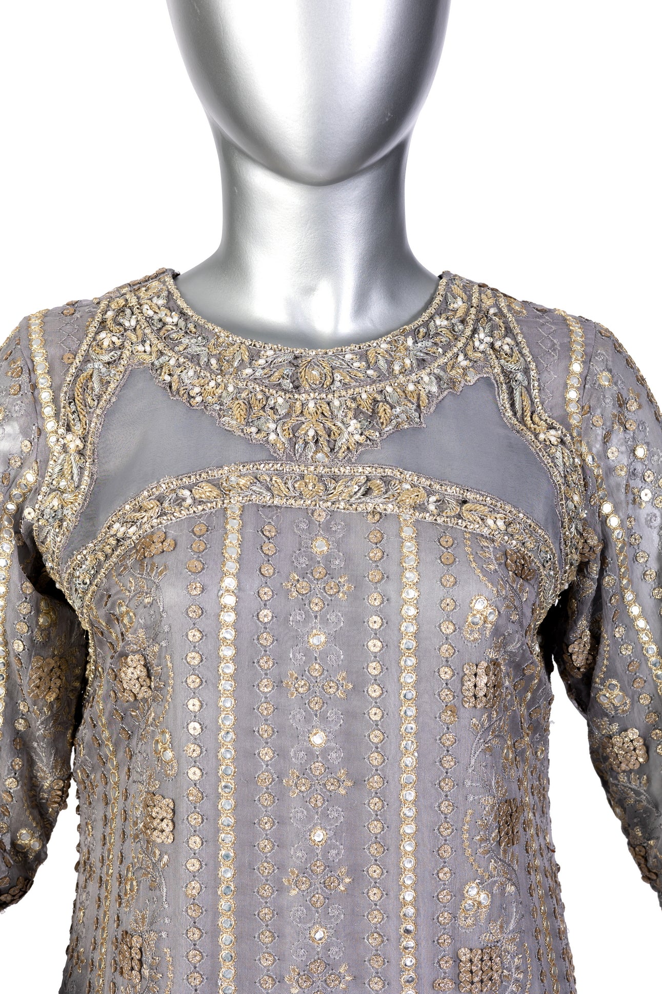 Nayla Designer Grey Gold Party Dress with Chiffon Shirt, Sheesha Silk Shalwar, and Organza Dupatta for Wedding and Dinner Events - MariamRaj
