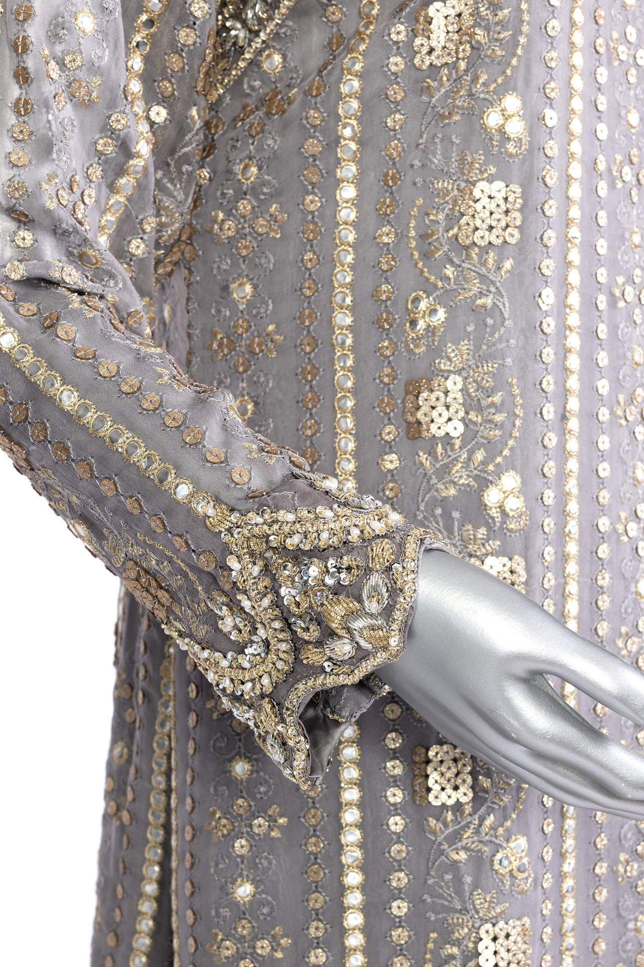 Nayla Designer Grey Gold Party Dress with Chiffon Shirt, Sheesha Silk Shalwar, and Organza Dupatta for Wedding and Dinner Events - MariamRaj