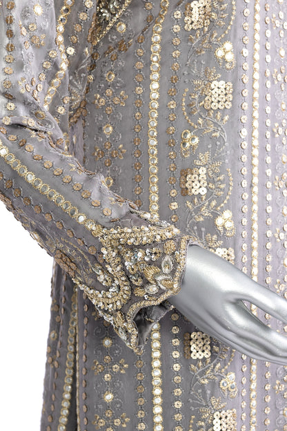 Nayla Designer Grey Gold Party Dress with Chiffon Shirt, Sheesha Silk Shalwar, and Organza Dupatta for Wedding and Dinner Events - MariamRaj