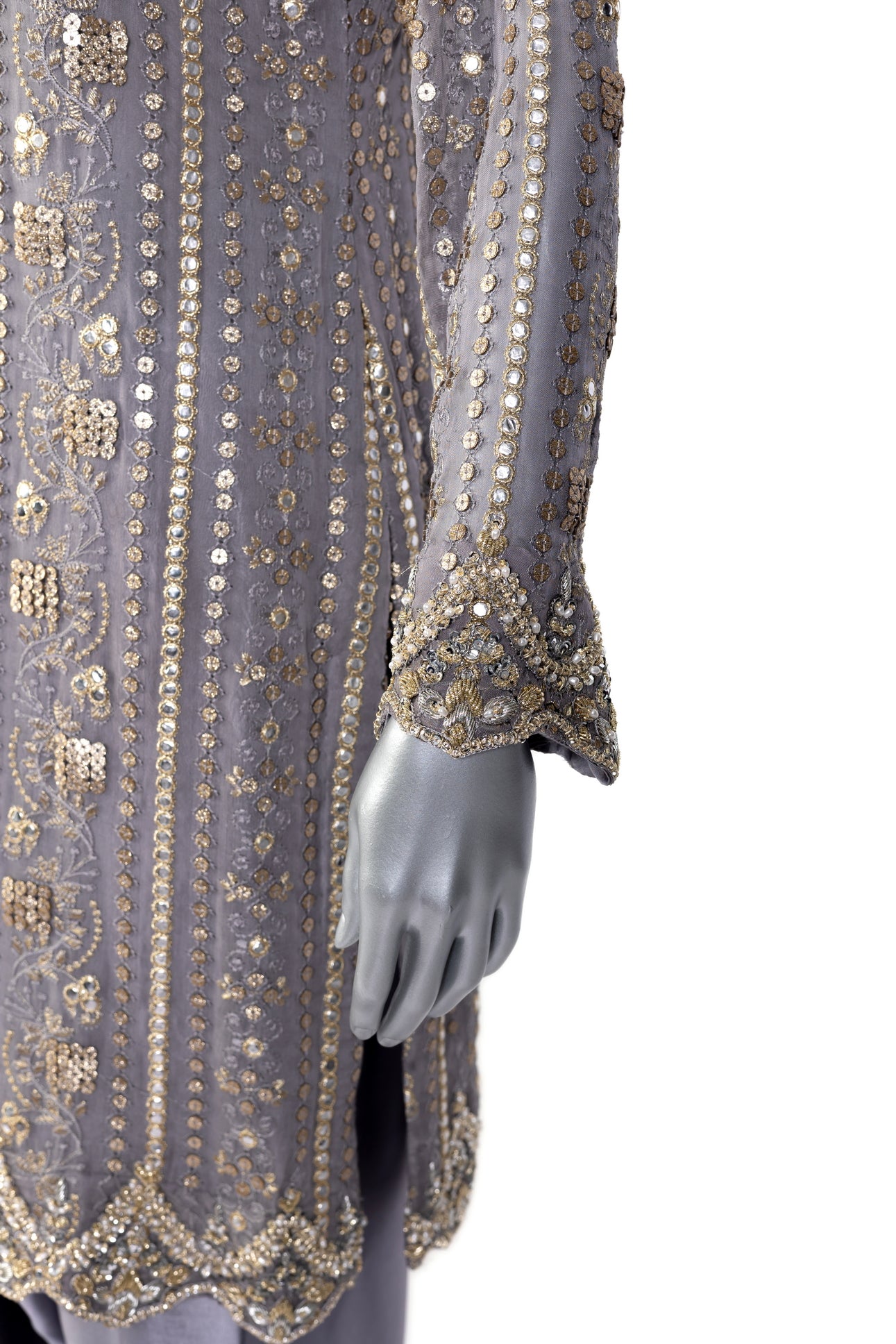 Nayla Designer Grey Gold Party Dress with Chiffon Shirt, Sheesha Silk Shalwar, and Organza Dupatta for Wedding and Dinner Events - MariamRaj