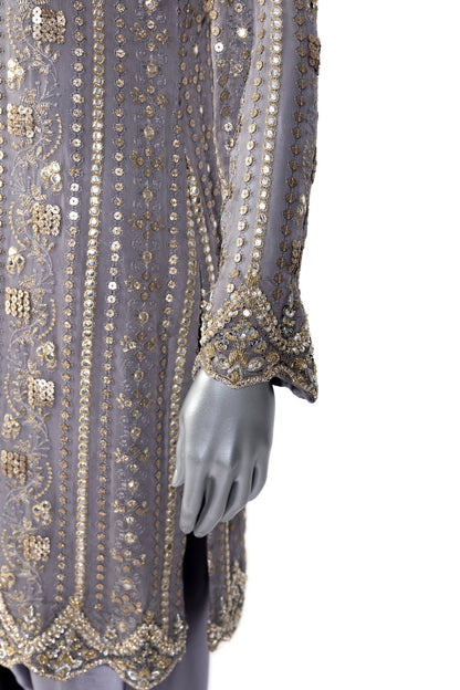 Nayla Designer Grey Gold Party Dress with Chiffon Shirt, Sheesha Silk Shalwar, and Organza Dupatta for Wedding and Dinner Events - MariamRaj