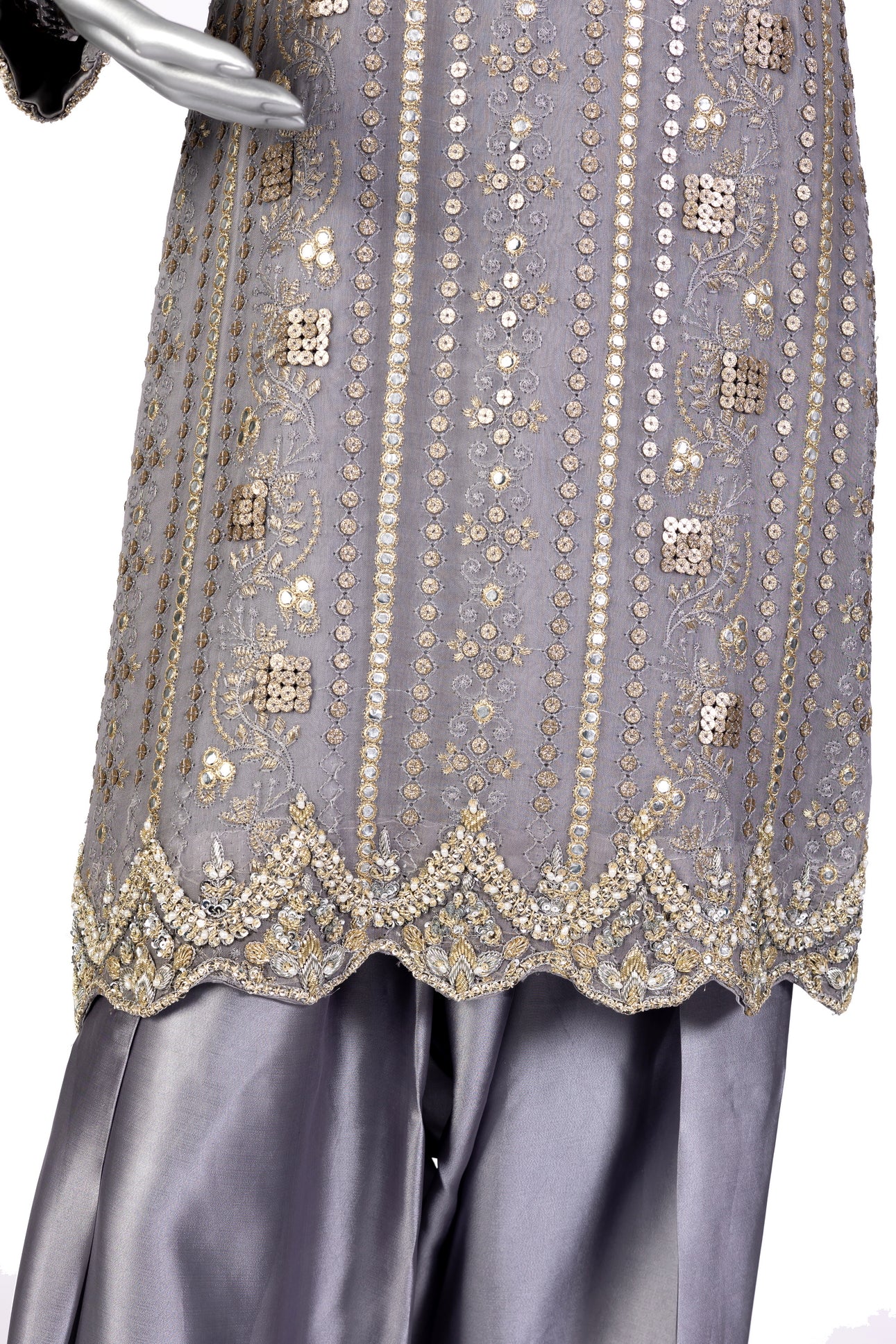Nayla Designer Grey Gold Party Dress with Chiffon Shirt, Sheesha Silk Shalwar, and Organza Dupatta for Wedding and Dinner Events - MariamRaj