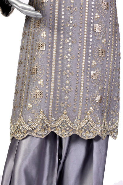 Nayla Designer Grey Gold Party Dress with Chiffon Shirt, Sheesha Silk Shalwar, and Organza Dupatta for Wedding and Dinner Events - MariamRaj
