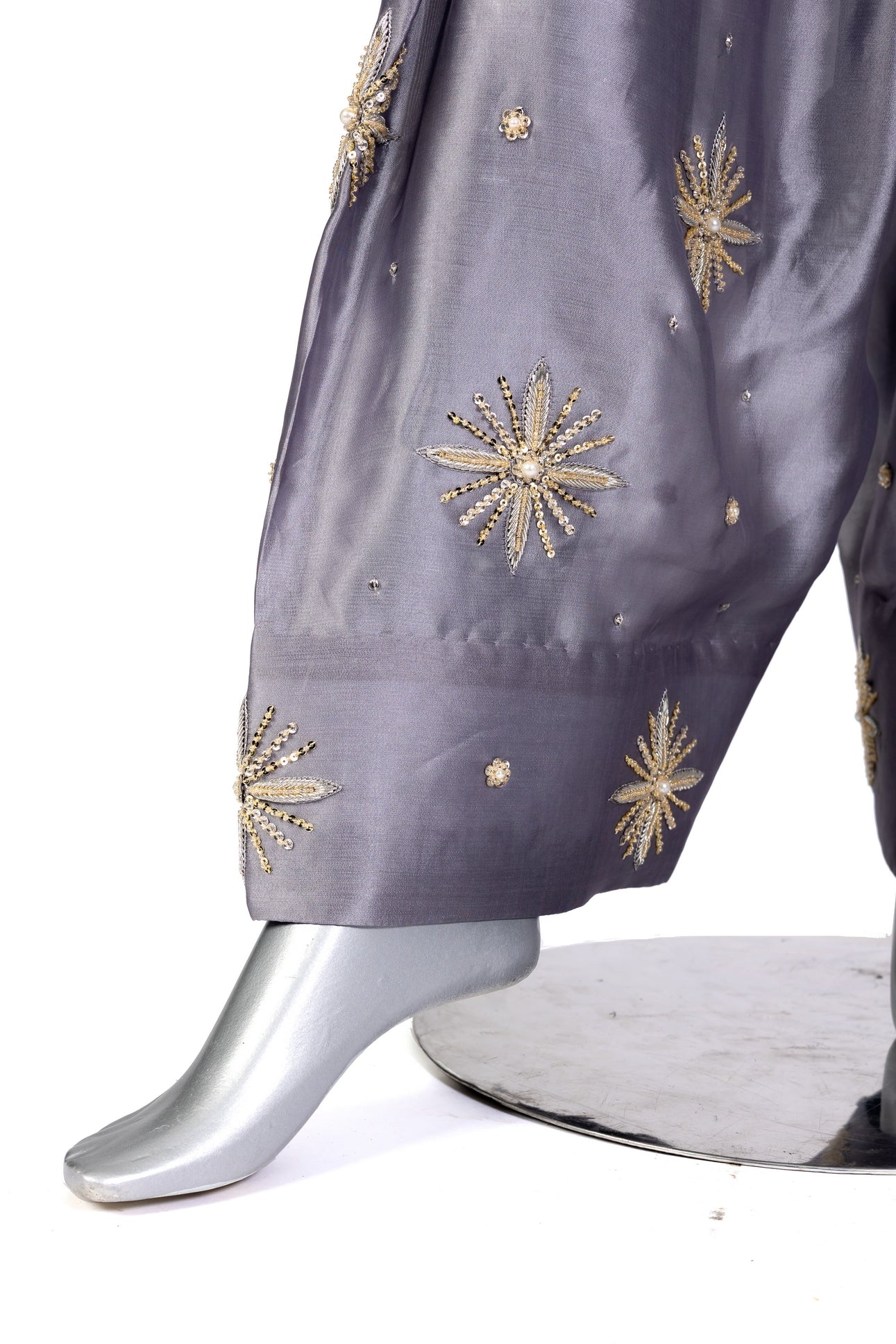 Nayla Designer Grey Gold Party Dress with Chiffon Shirt, Sheesha Silk Shalwar, and Organza Dupatta for Wedding and Dinner Events - MariamRaj