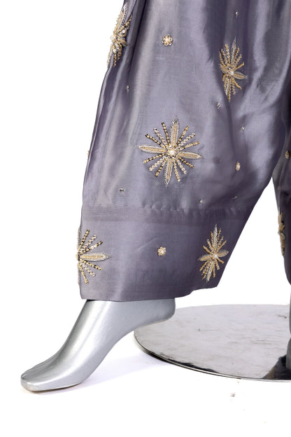 Nayla Designer Grey Gold Party Dress with Chiffon Shirt, Sheesha Silk Shalwar, and Organza Dupatta for Wedding and Dinner Events - MariamRaj