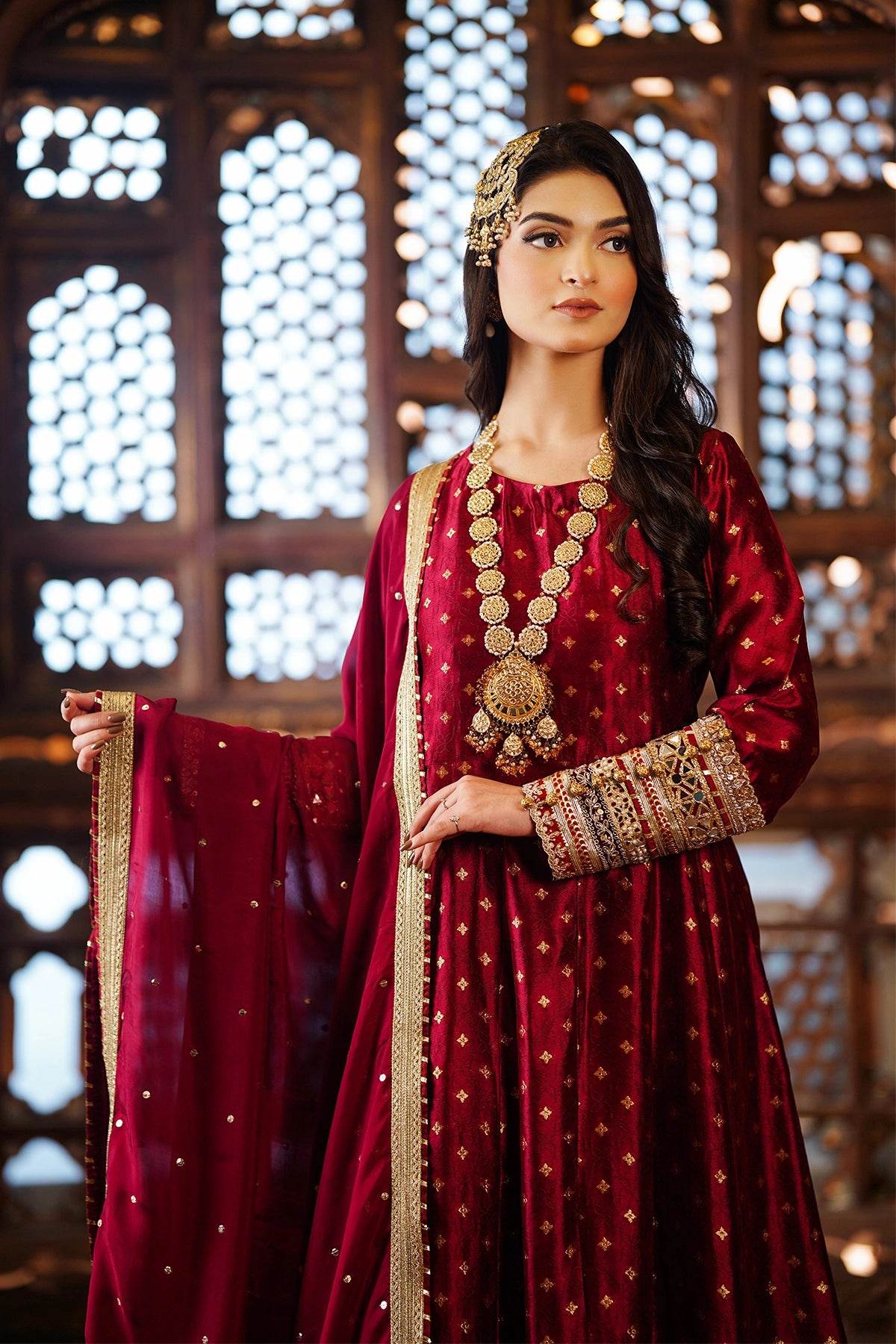 Nazneen maroon sheesha silk wedding Anarkali with palazzo bottom and silk dupatta