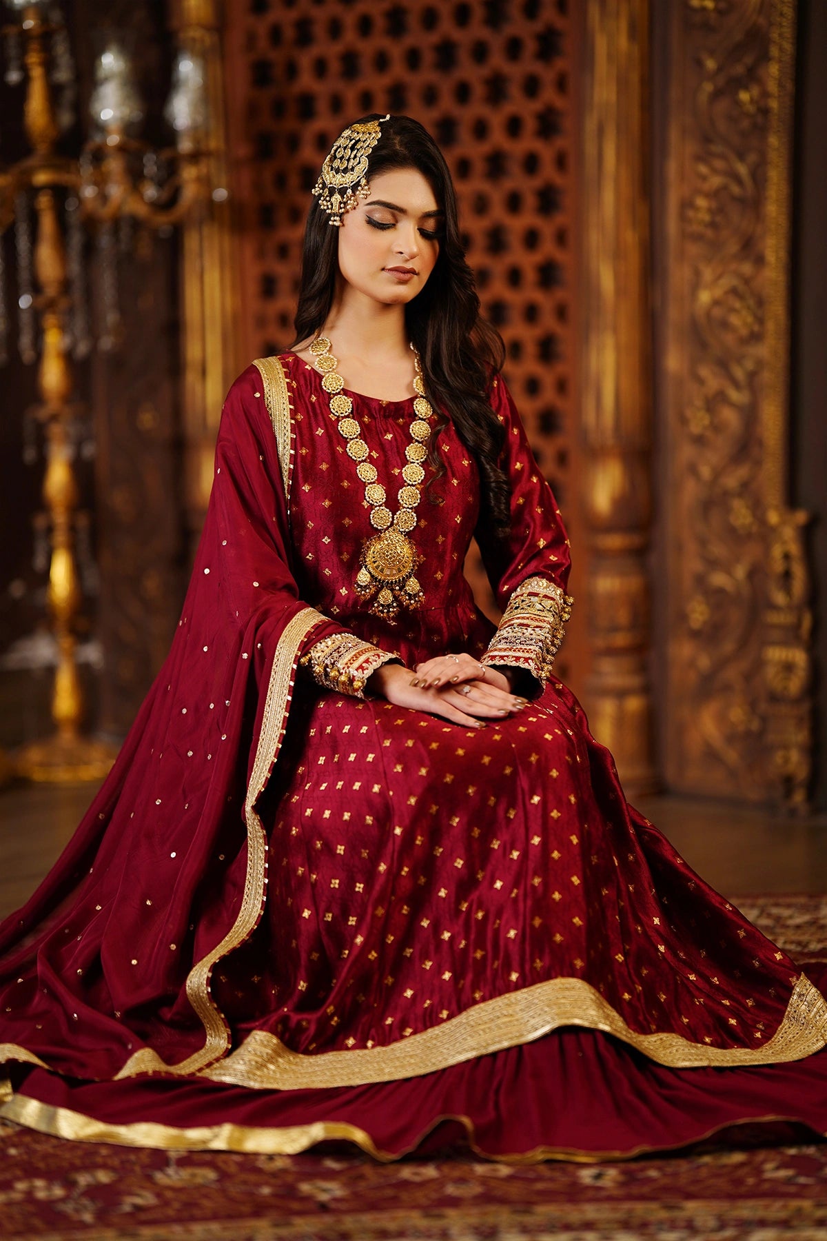 Nazneen maroon sheesha silk wedding Anarkali with palazzo bottom and silk dupatta