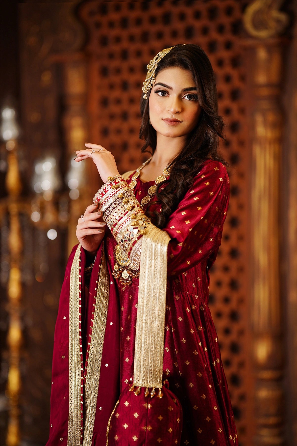 Nazneen maroon sheesha silk wedding Anarkali with palazzo bottom and silk dupatta