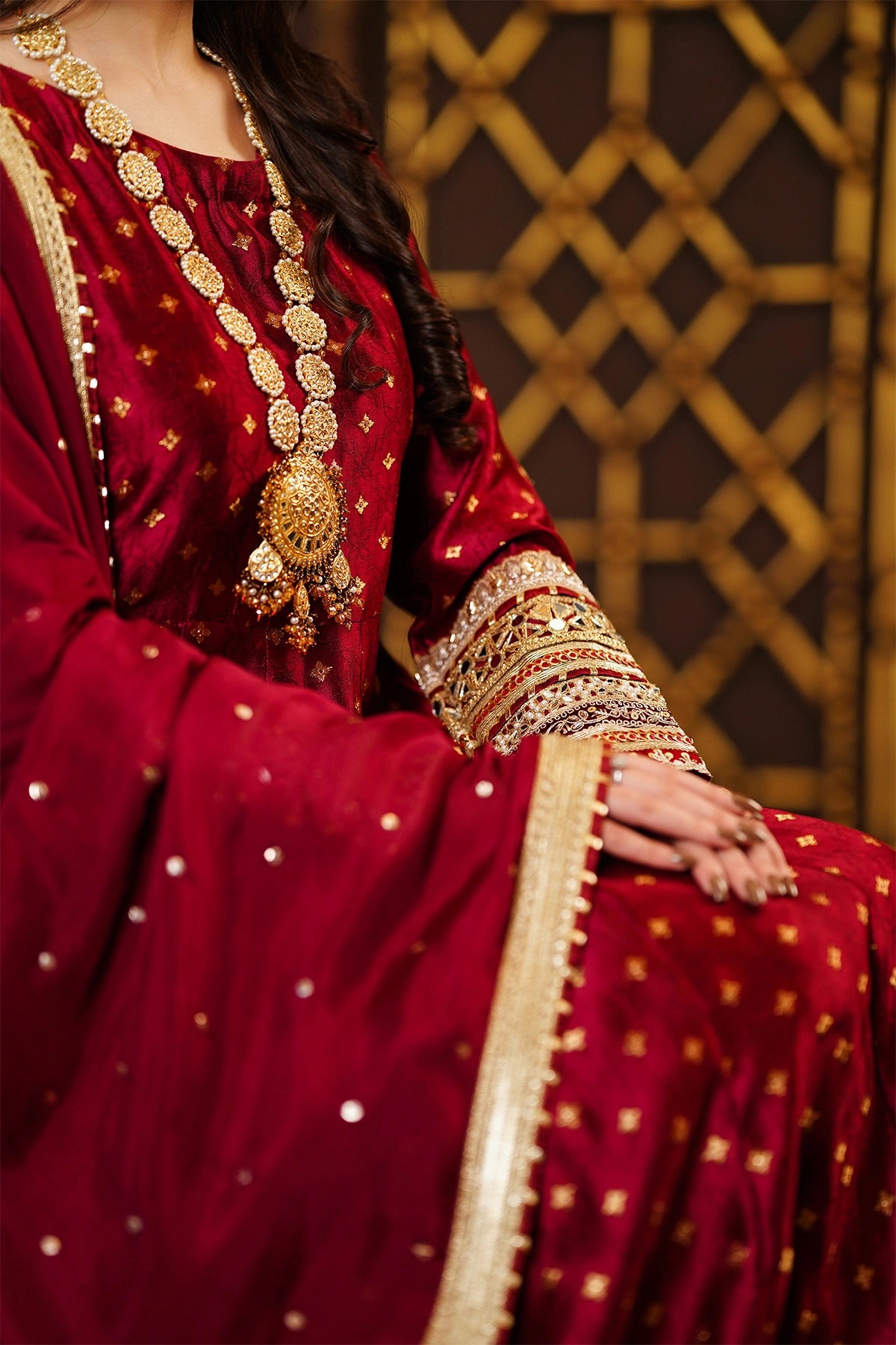Nazneen maroon sheesha silk wedding Anarkali with palazzo bottom and silk dupatta