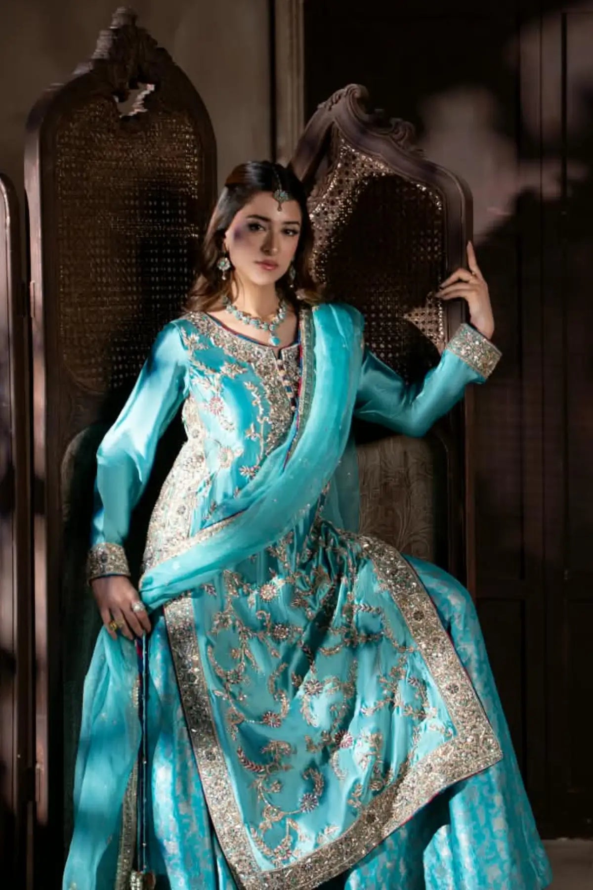 Neelam teal blue hand embellished Sheesha silk wedding dress with Jamawar palazzo and organza dupatta by MariamRaj