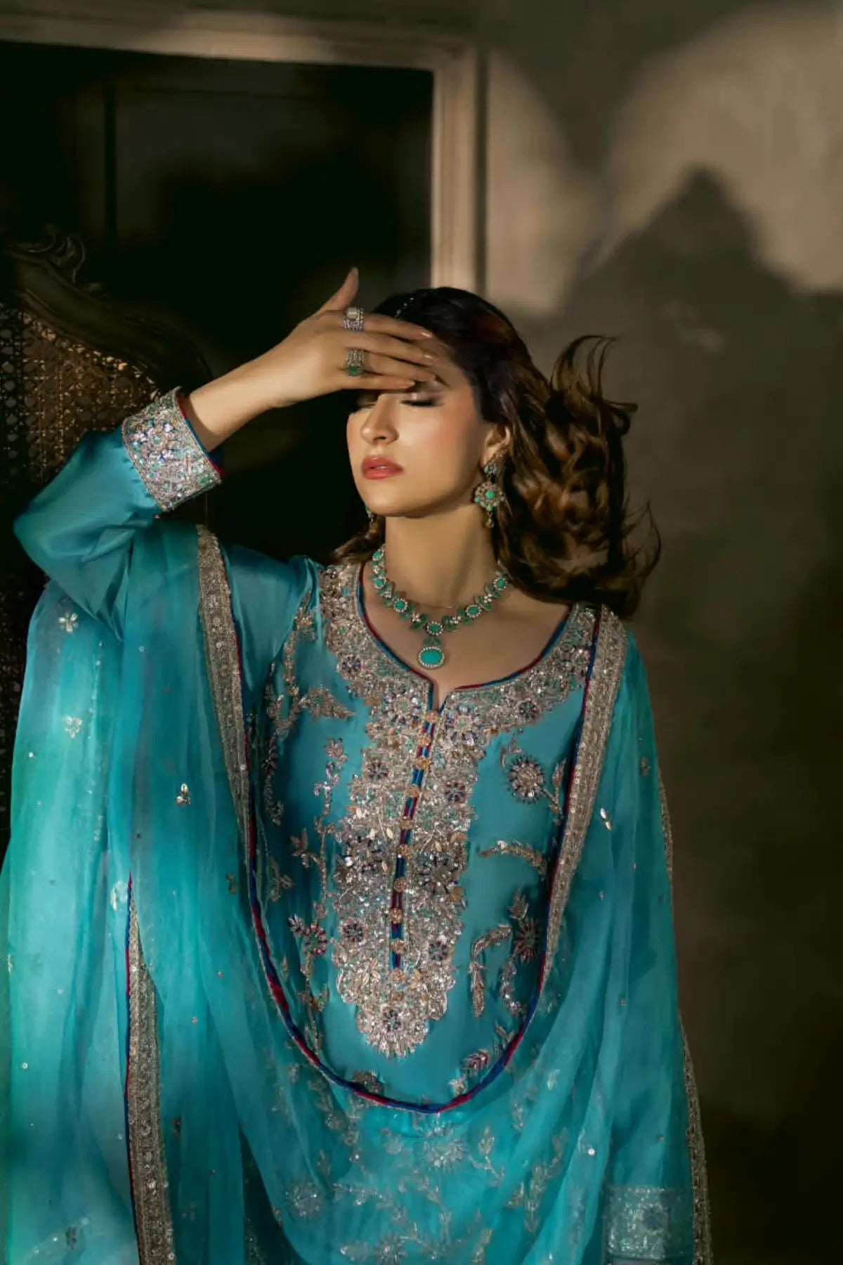 Neelam teal blue hand embellished Sheesha silk wedding dress with Jamawar palazzo and organza dupatta by MariamRaj