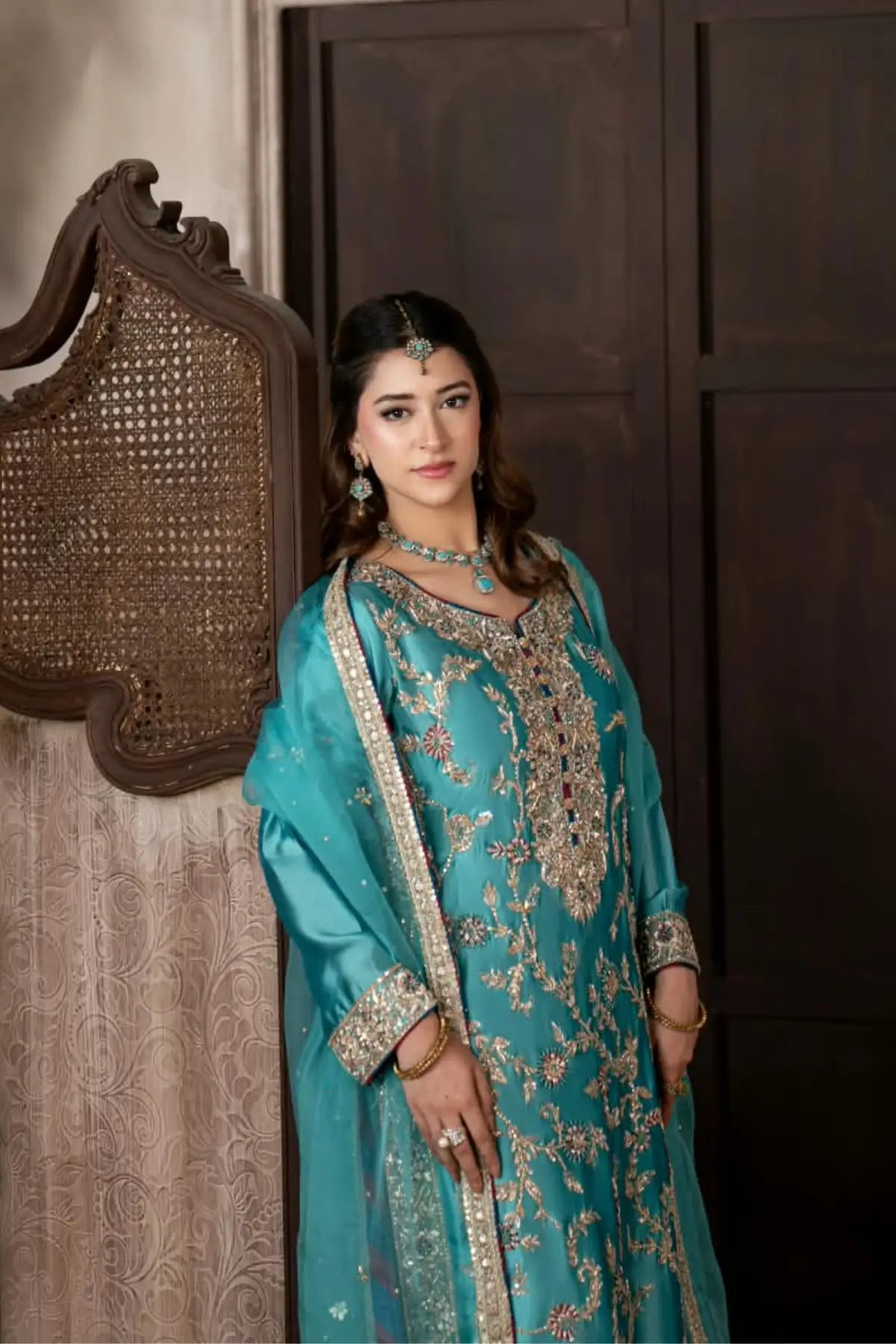 Neelam teal blue hand embellished Sheesha silk wedding dress with Jamawar palazzo and organza dupatta by MariamRaj