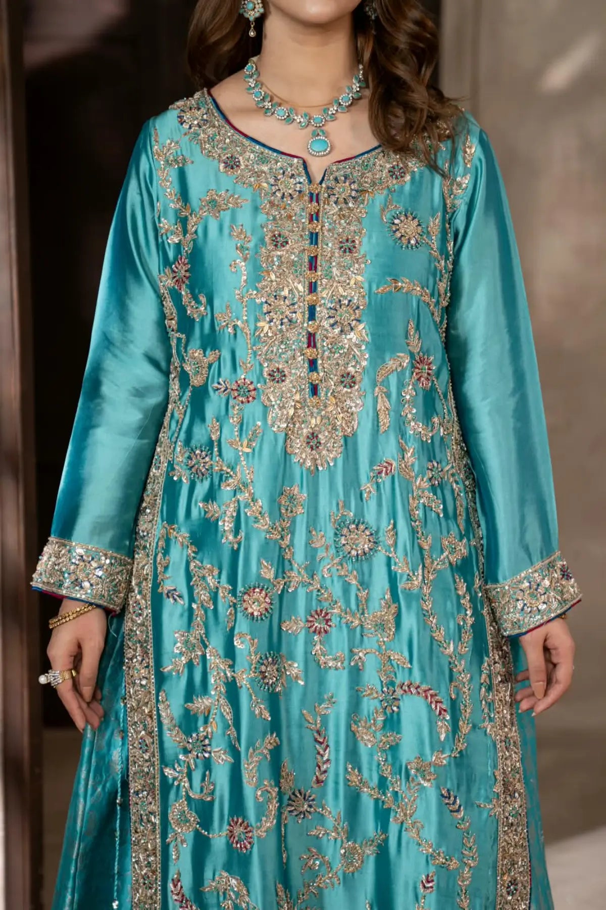 Neelam teal blue hand embellished Sheesha silk wedding dress with Jamawar palazzo and organza dupatta by MariamRaj