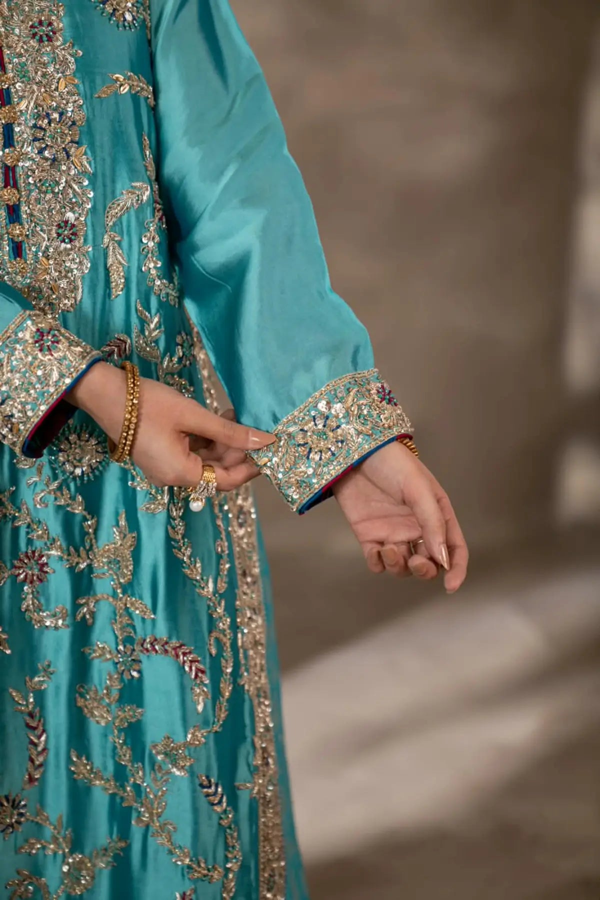 Neelam teal blue hand embellished Sheesha silk wedding dress with Jamawar palazzo and organza dupatta by MariamRaj