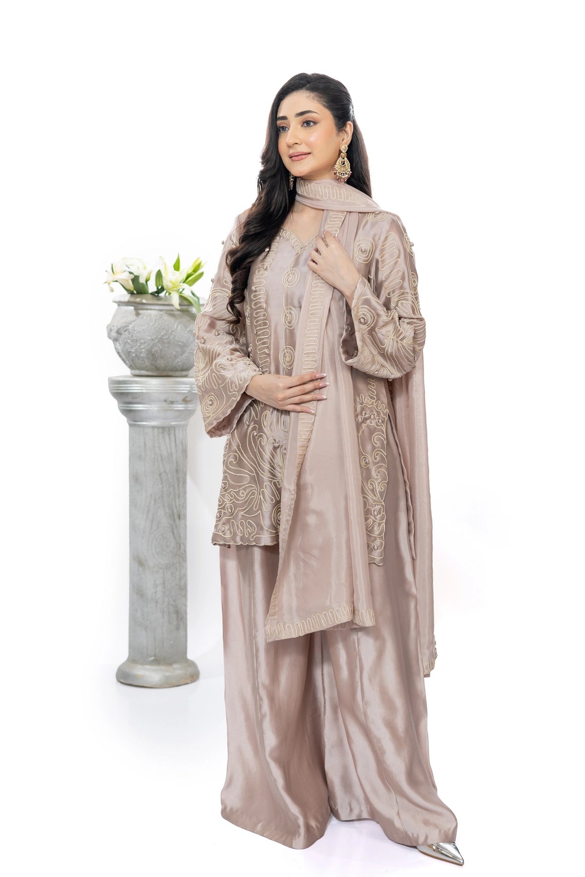 Neha mauve Sheesha silk aari work festive formal 3PC suit with palazzo and silk dupatta by MariamRaj