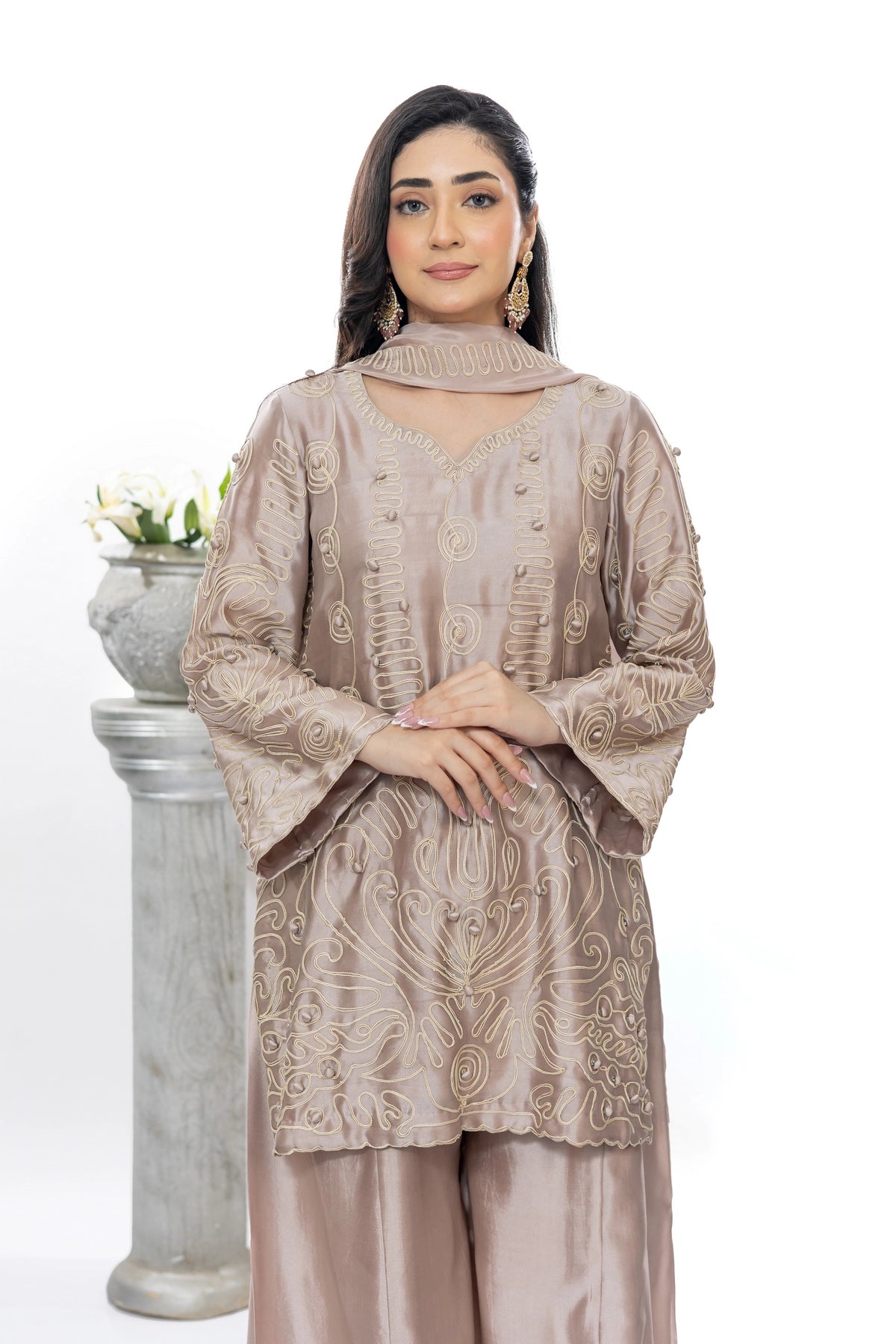 Neha mauve Sheesha silk aari work festive formal 3PC suit with palazzo and silk dupatta by MariamRaj