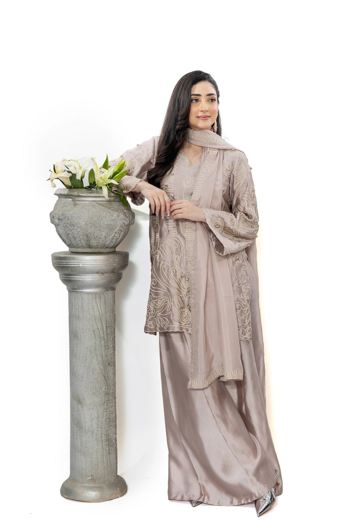 Neha mauve Sheesha silk aari work festive formal 3PC suit with palazzo and silk dupatta by MariamRaj
