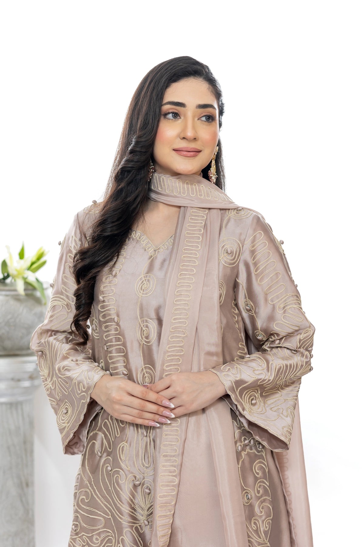 Neha mauve Sheesha silk aari work festive formal 3PC suit with palazzo and silk dupatta by MariamRaj