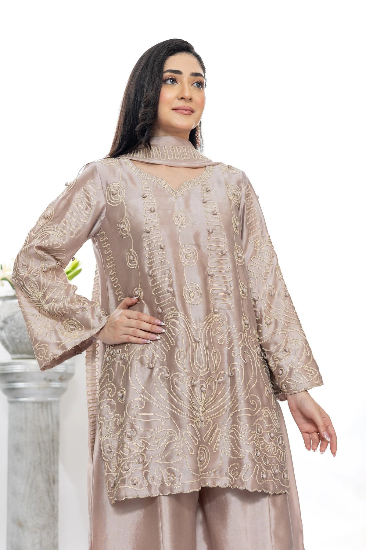 Neha mauve Sheesha silk aari work festive formal 3PC suit with palazzo and silk dupatta by MariamRaj