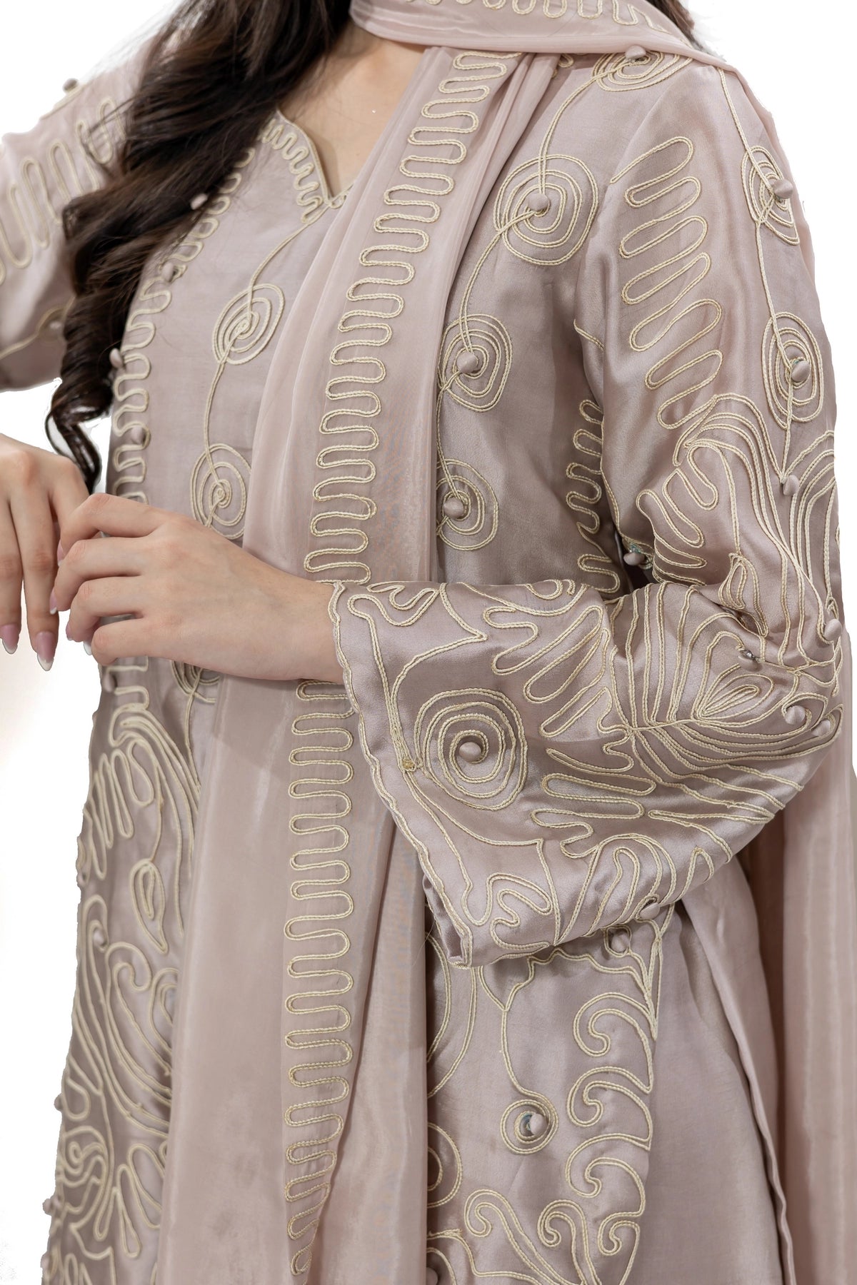 Neha mauve Sheesha silk aari work festive formal 3PC suit with palazzo and silk dupatta by MariamRaj