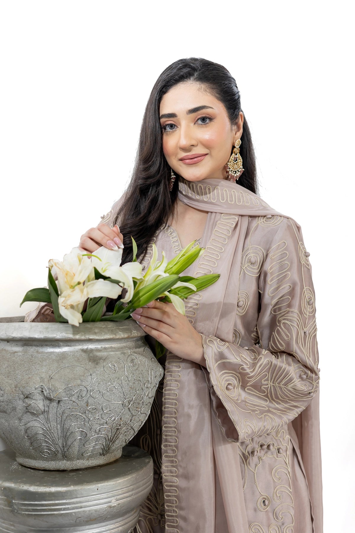 Neha mauve Sheesha silk aari work festive formal 3PC suit with palazzo and silk dupatta by MariamRaj