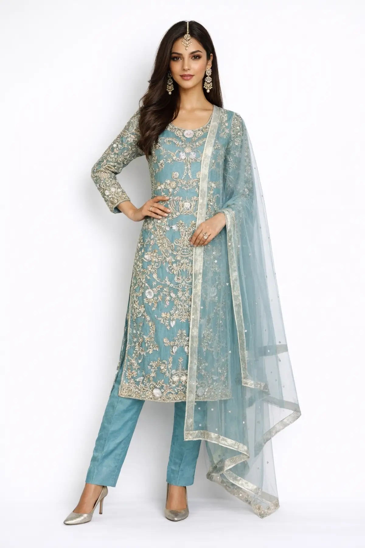 Nehal – Dusty Teal Pakistani Designer Net Hand-Embroidered Outfit
