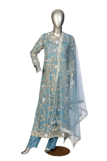 Nehal – Dusty Teal Pakistani Designer Net Hand-Embroidered Outfit
