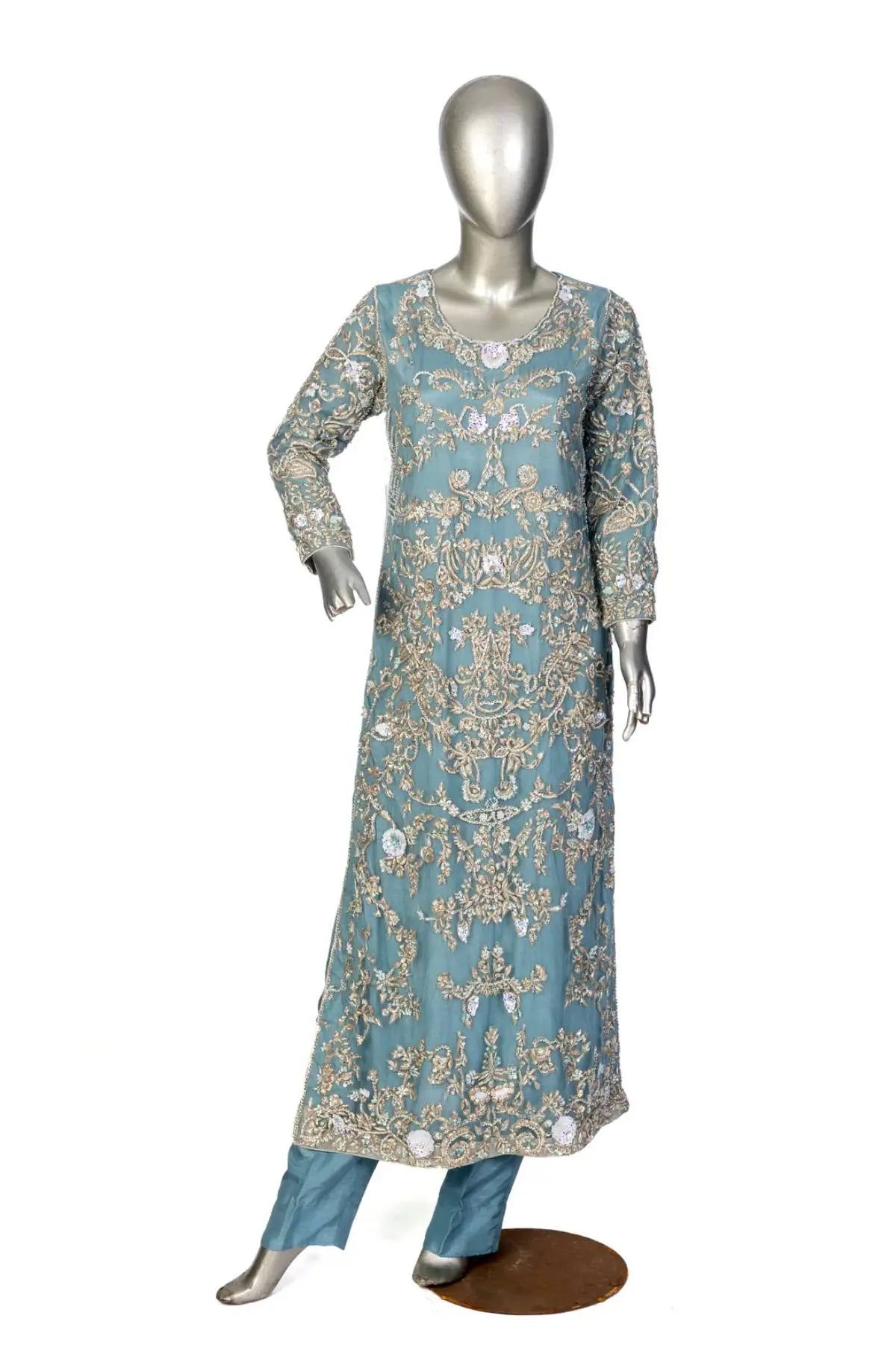 Nehal – Dusty Teal Pakistani Designer Net Hand-Embroidered Outfit